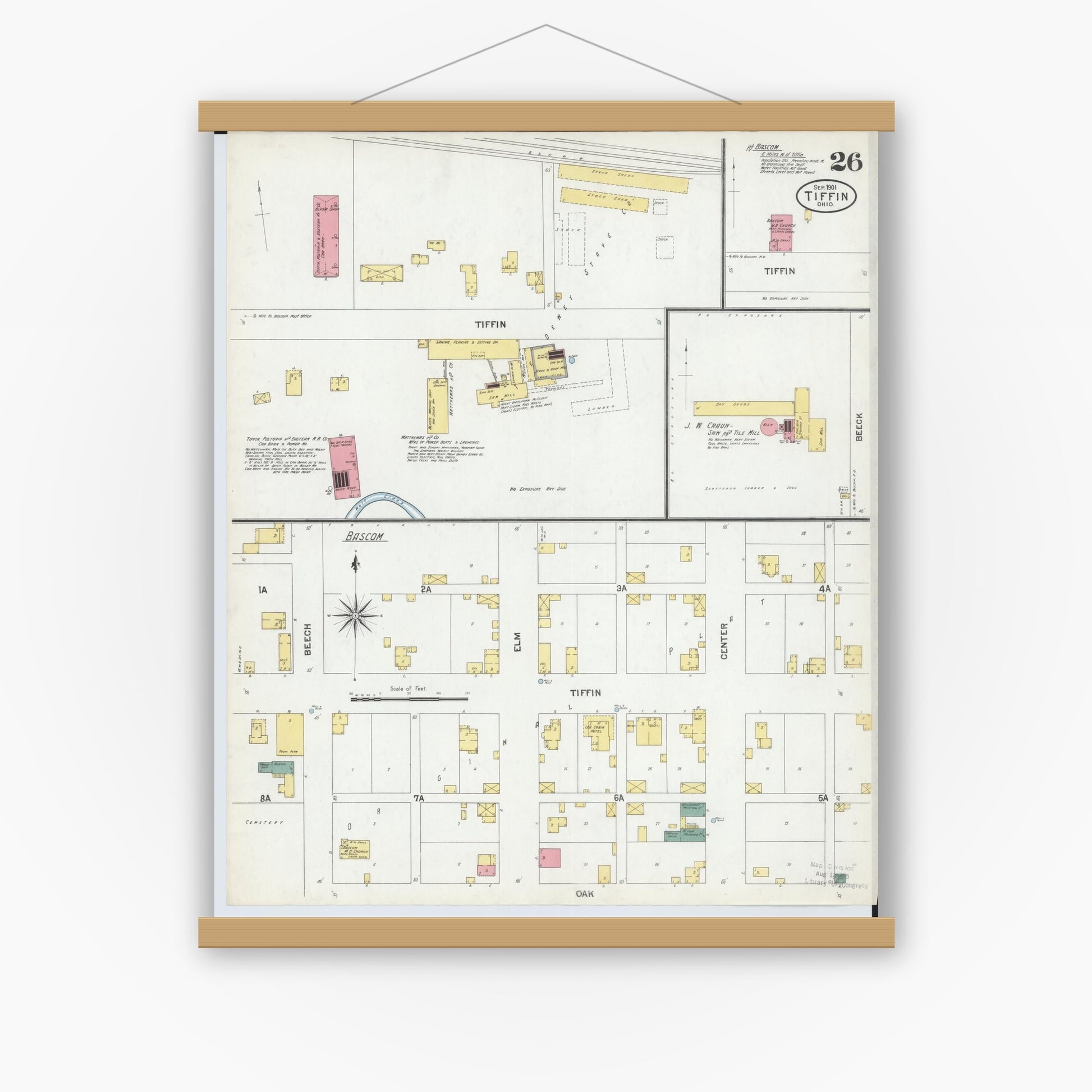 Old map wall art mockup — magnetic wood frame on white wall — Sanborn Fire Insurance Map from Tiffin, Seneca County, Ohio (1901), Sheet #0026