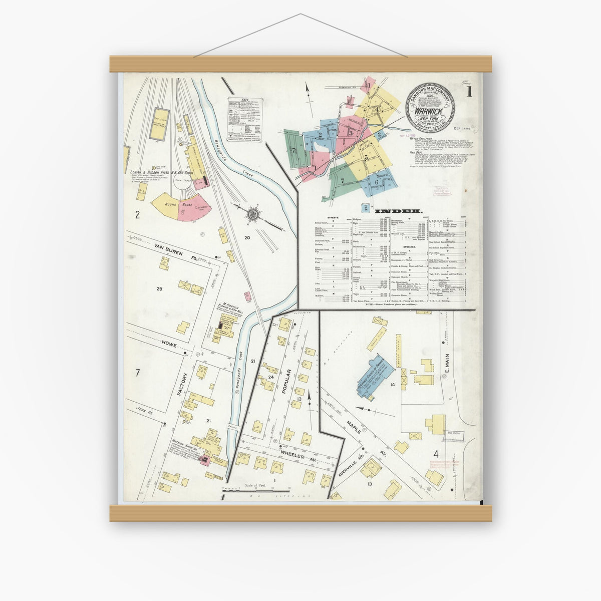 Old map wall art mockup — magnetic wood frame on white wall — Sanborn Fire Insurance Map from Warwick, Orange County, New York (1910) - Complete Map Set