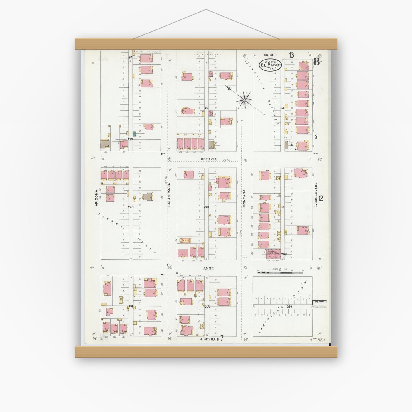 Old map wall art mockup — magnetic wood frame on white wall — Sanborn Fire Insurance Map from El Paso, El Paso County, Texas (1905), Sheet #0008