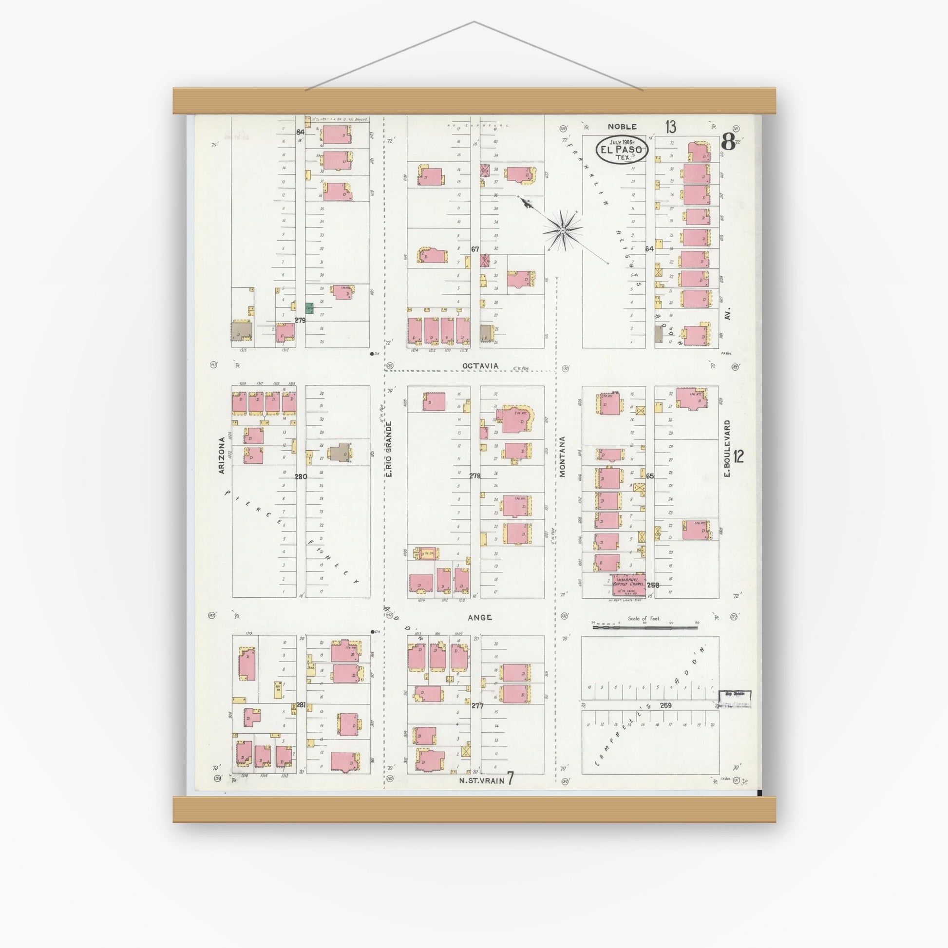 Old map wall art mockup — magnetic wood frame on white wall — Sanborn Fire Insurance Map from El Paso, El Paso County, Texas (1905), Sheet #0008