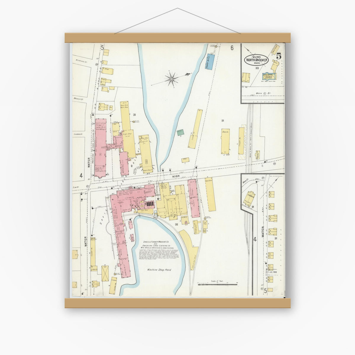 Old map wall art mockup — magnetic wood frame on white wall — Sanborn Fire Insurance Map from North Andover, Essex County, Massachusetts (1903), Sheet #0005