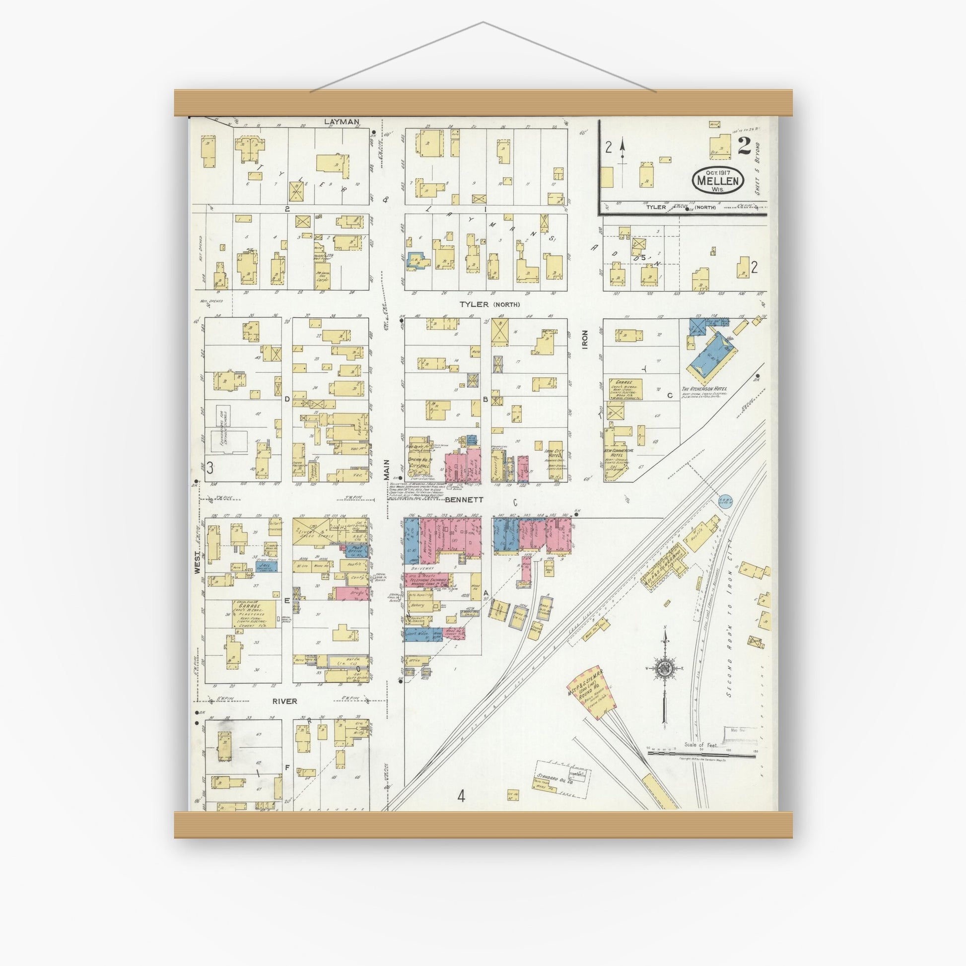 Old map wall art mockup — magnetic wood frame on white wall — Sanborn Fire Insurance Map from Mellen, Ashland County, Wisconsin (1917), Sheet #0002