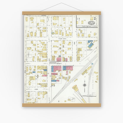 Old map wall art mockup — magnetic wood frame on white wall — Sanborn Fire Insurance Map from Mellen, Ashland County, Wisconsin (1917), Sheet #0002