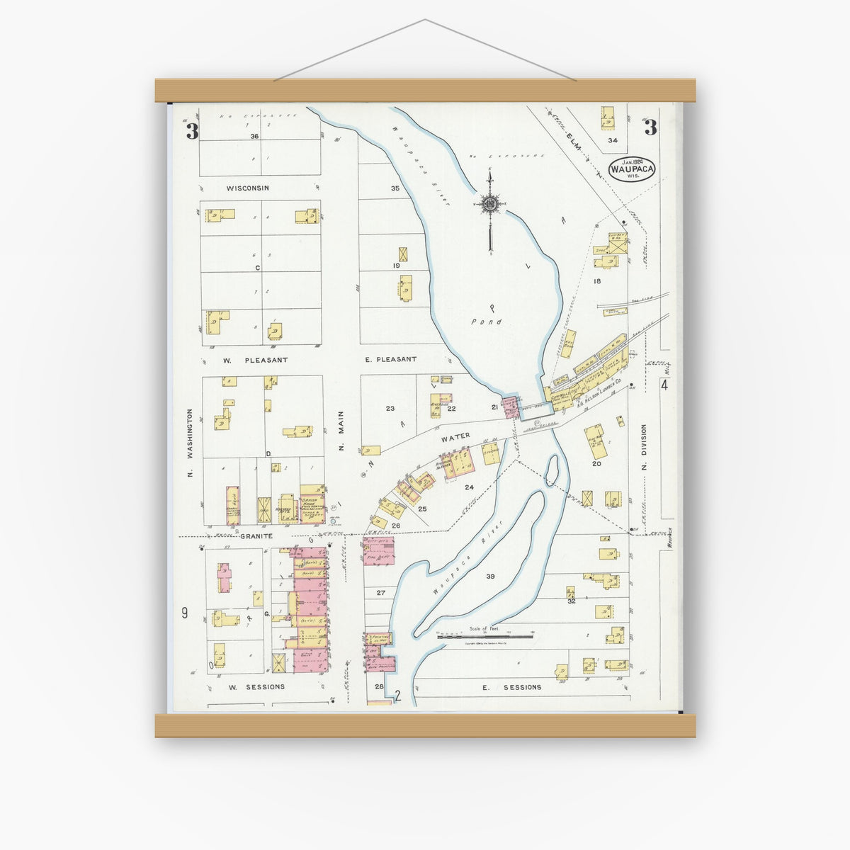Old map wall art mockup — magnetic wood frame on white wall — Sanborn Fire Insurance Map from Waupaca, Waupaca County, Wisconsin (1924), Sheet #0003