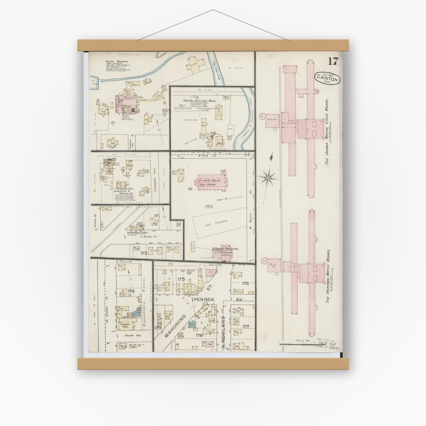 Old map wall art mockup — magnetic wood frame on white wall — Sanborn Fire Insurance Map from Canton, Stark County, Ohio (1887), Sheet #0017