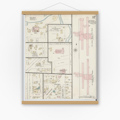 Old map wall art mockup — magnetic wood frame on white wall — Sanborn Fire Insurance Map from Canton, Stark County, Ohio (1887), Sheet #0017