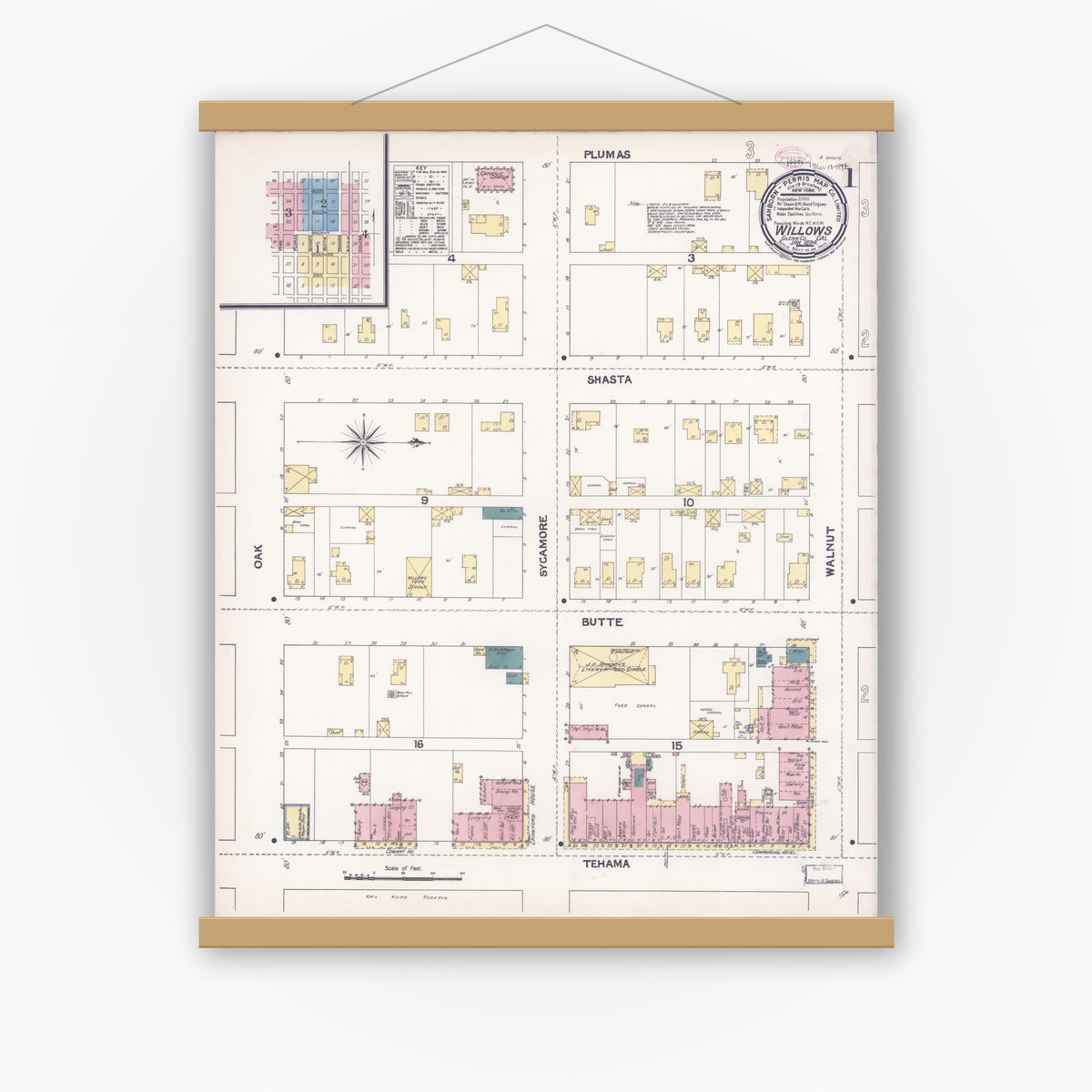 Old map wall art mockup — magnetic wood frame on white wall — Sanborn Fire Insurance Map from Willows, Glenn County, California (1894) - Complete Map Set