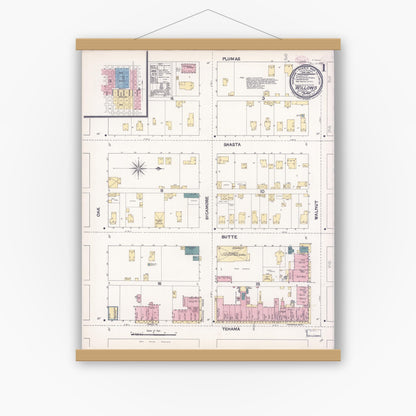 Old map wall art mockup — magnetic wood frame on white wall — Sanborn Fire Insurance Map from Willows, Glenn County, California (1894) - Complete Map Set