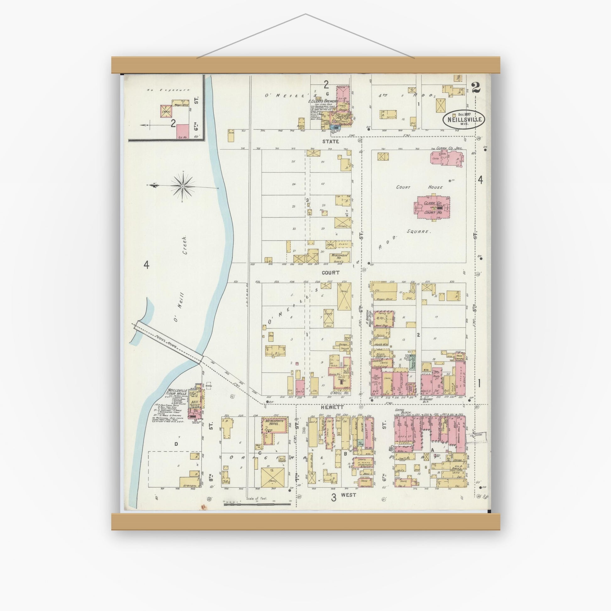 Old map wall art mockup — magnetic wood frame on white wall — Sanborn Fire Insurance Map from Neillsville, Clark County, Wisconsin (1897), Sheet #0002