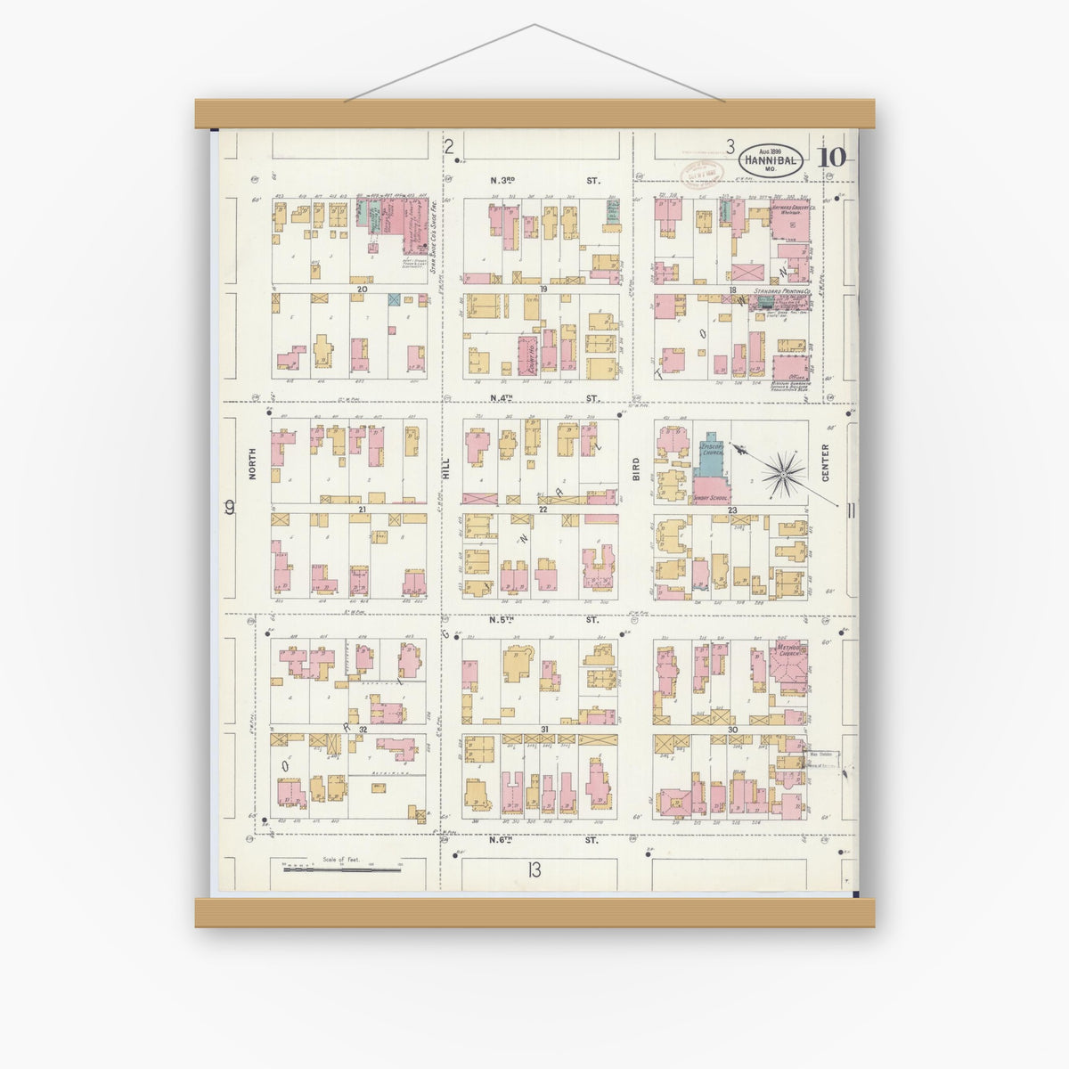Old map wall art mockup — magnetic wood frame on white wall — Sanborn Fire Insurance Map from Hannibal, Marion County, Missouri (1899), Sheet #0010