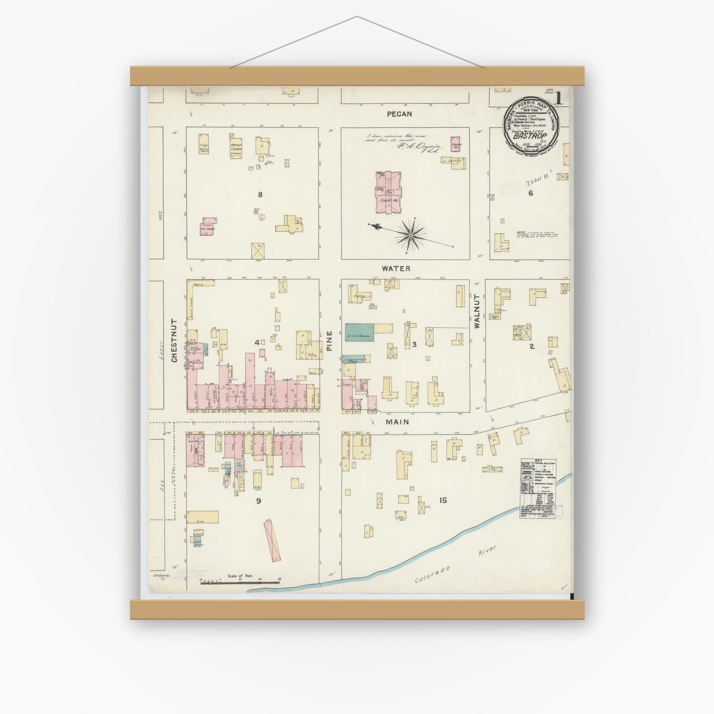 Old map wall art mockup — magnetic wood frame on white wall — Sanborn Fire Insurance Map from Bastrop, Bastrop County, Texas (1891), Sheet #0001