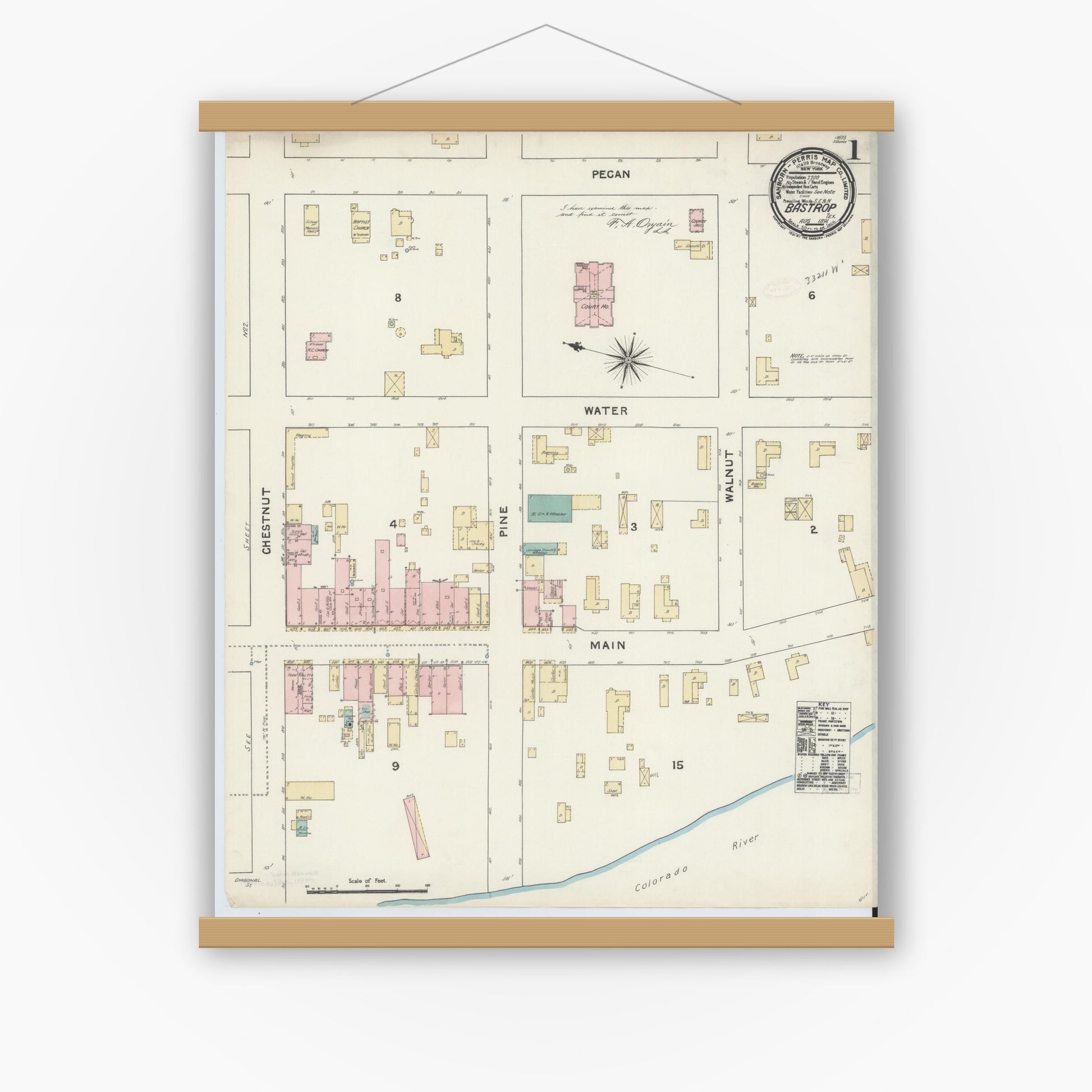 Old map wall art mockup — magnetic wood frame on white wall — Sanborn Fire Insurance Map from Bastrop, Bastrop County, Texas (1891), Sheet #0001