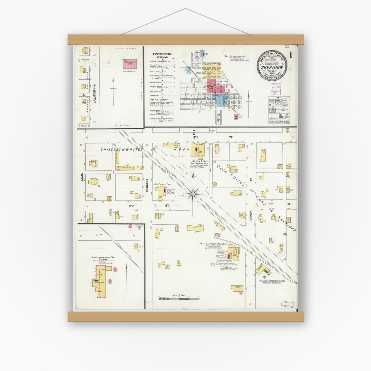 Old map wall art mockup — magnetic wood frame on white wall — Sanborn Fire Insurance Map from Sheridan, Hamilton County, Indiana (1902), Sheet #0001
