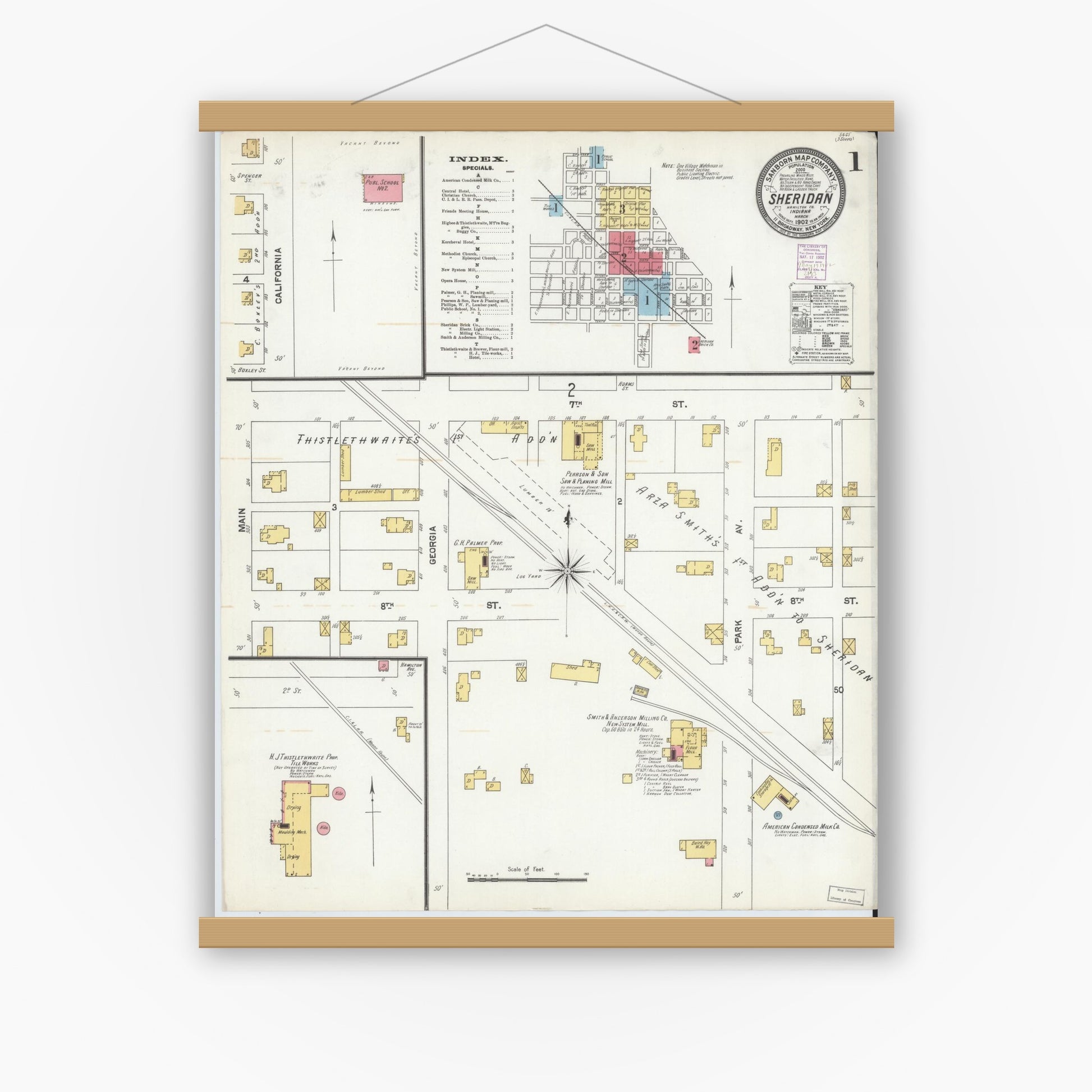 Old map wall art mockup — magnetic wood frame on white wall — Sanborn Fire Insurance Map from Sheridan, Hamilton County, Indiana (1902), Sheet #0001