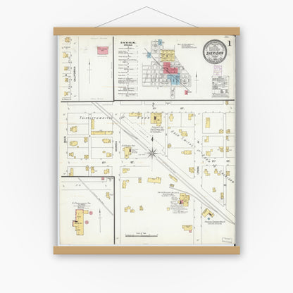 Old map wall art mockup — magnetic wood frame on white wall — Sanborn Fire Insurance Map from Sheridan, Hamilton County, Indiana (1902), Sheet #0001
