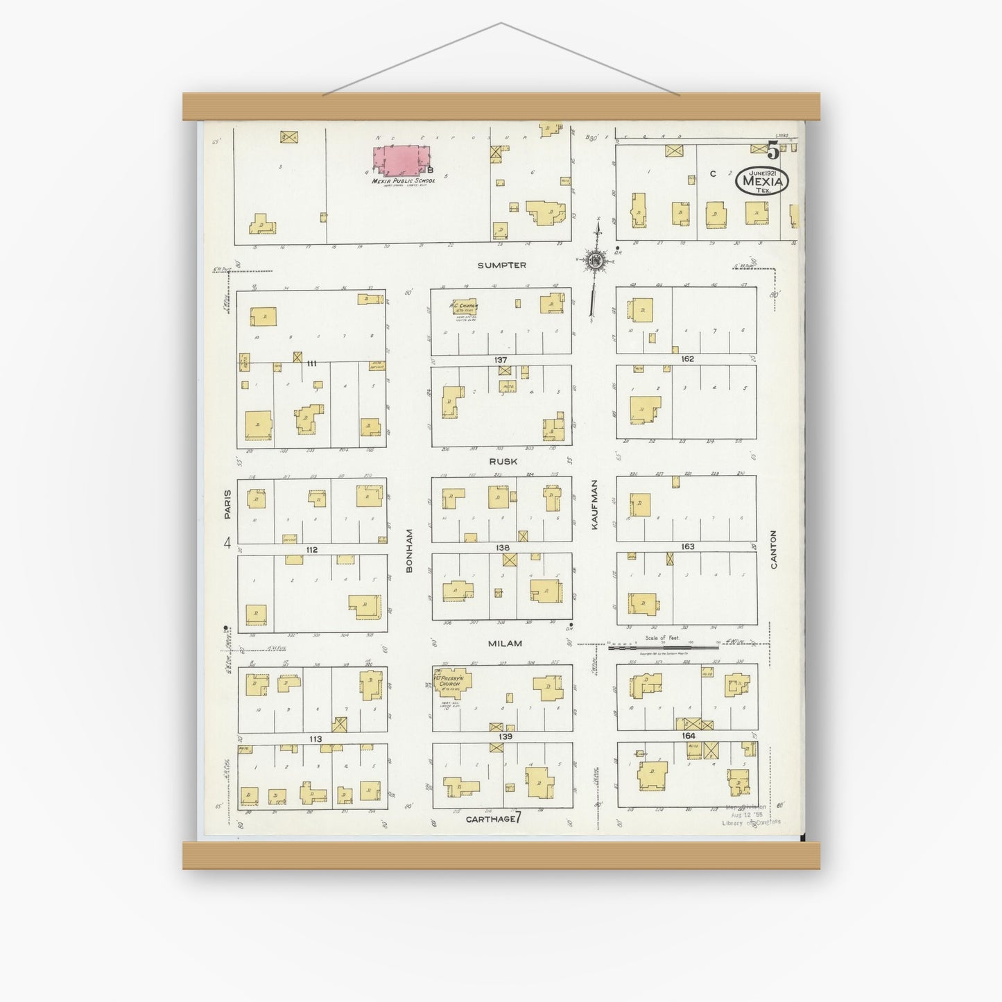 Old map wall art mockup — magnetic wood frame on white wall — Sanborn Fire Insurance Map from Mexia, Limestone County, Texas (1921), Sheet #0005