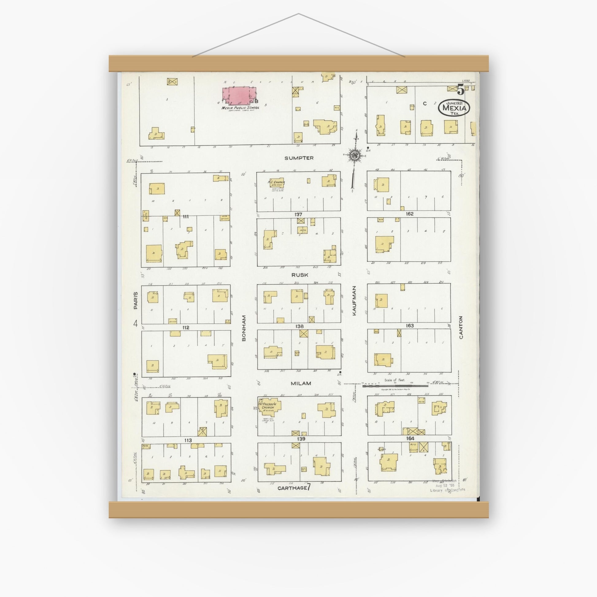 Old map wall art mockup — magnetic wood frame on white wall — Sanborn Fire Insurance Map from Mexia, Limestone County, Texas (1921), Sheet #0005