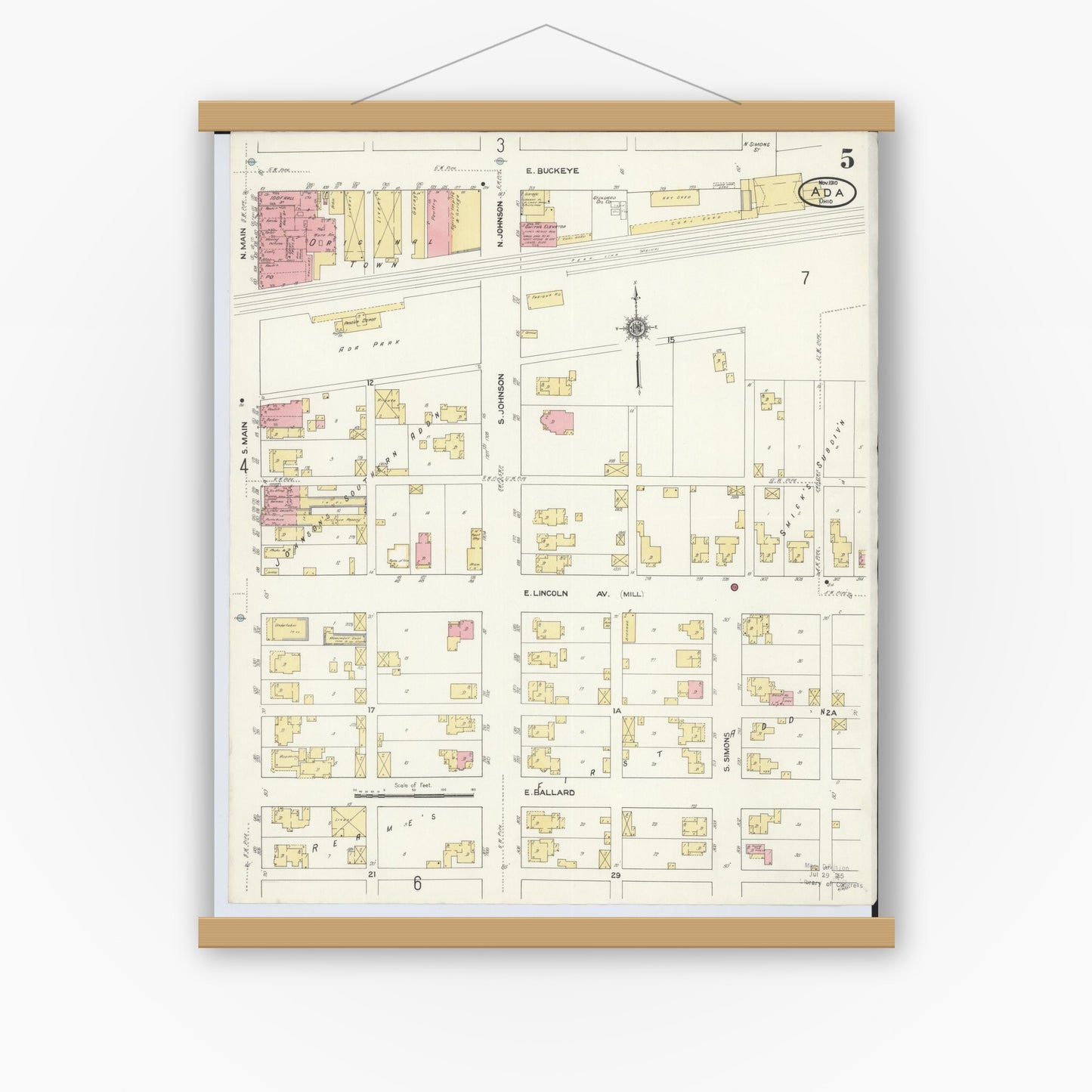 Old map wall art mockup — magnetic wood frame on white wall — Sanborn Fire Insurance Map from Ada, Hardin County, Ohio (1910), Sheet #0005
