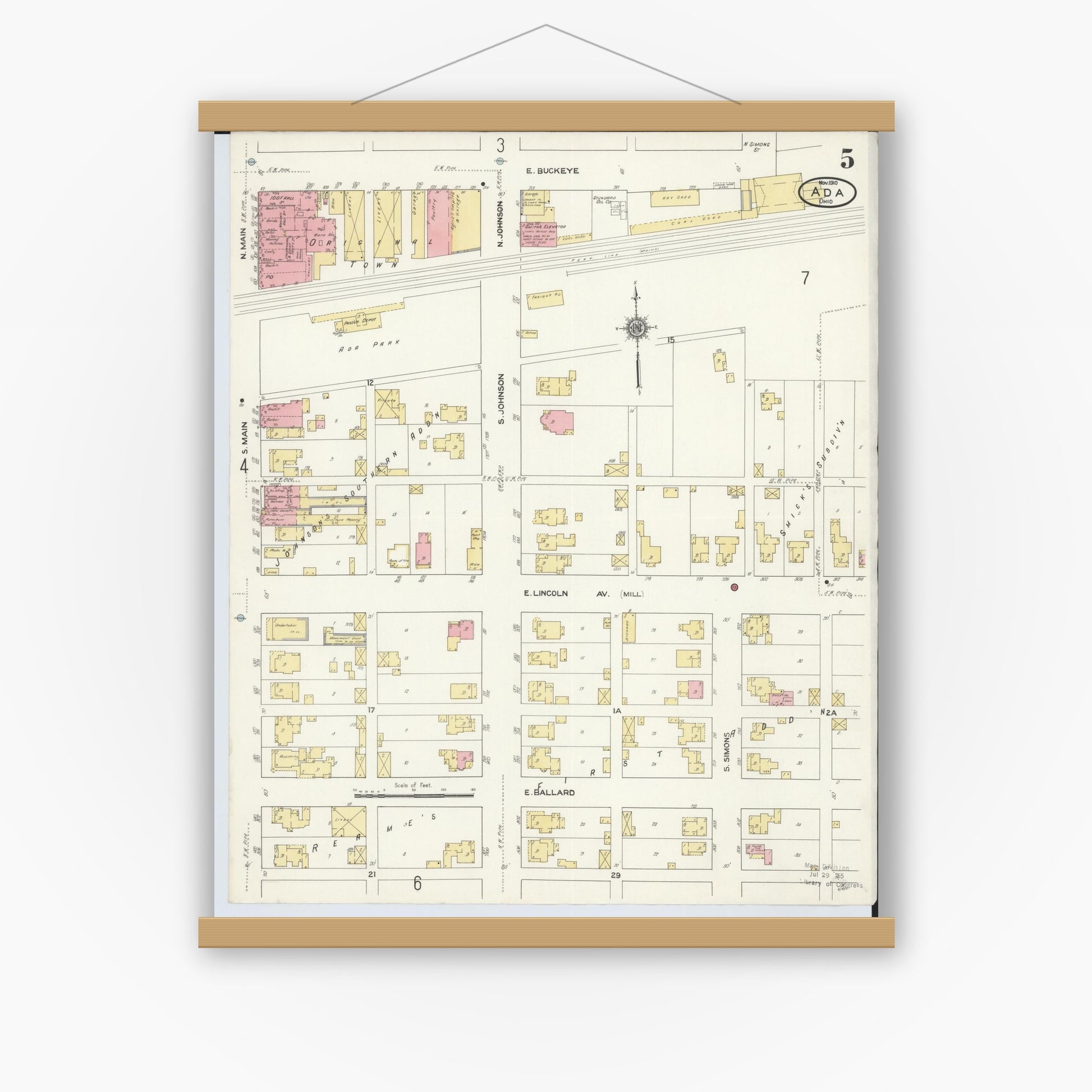 Old map wall art mockup — magnetic wood frame on white wall — Sanborn Fire Insurance Map from Ada, Hardin County, Ohio (1910), Sheet #0005