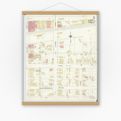 Old map wall art mockup — magnetic wood frame on white wall — Sanborn Fire Insurance Map from Ada, Hardin County, Ohio (1910), Sheet #0005