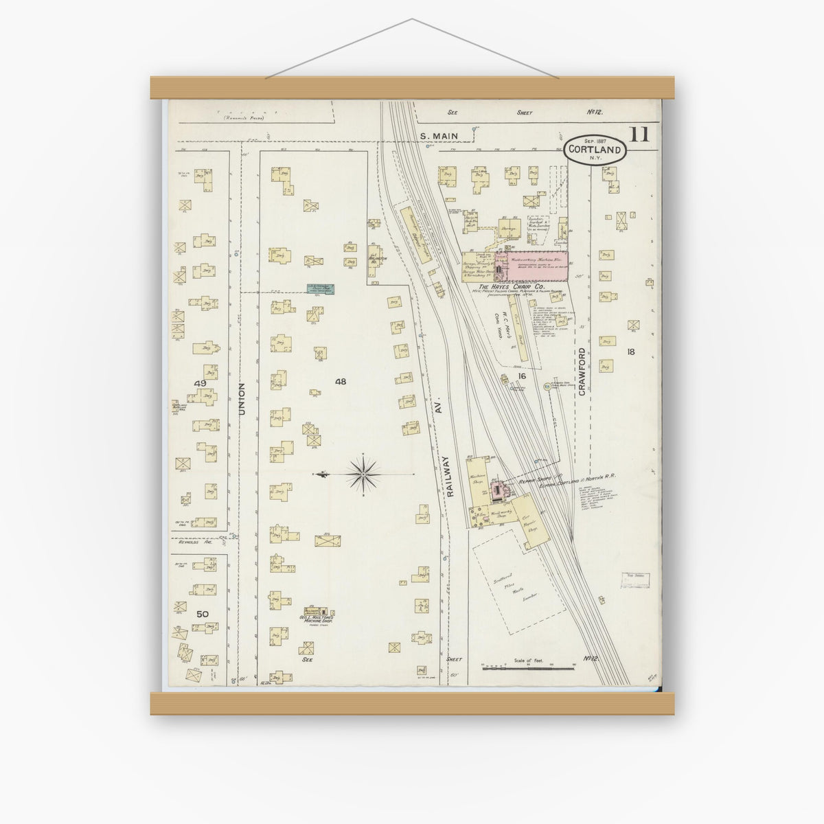 Old map wall art mockup — magnetic wood frame on white wall — Sanborn Fire Insurance Map from Cortland, Cortland County, New York (1887), Sheet #0011
