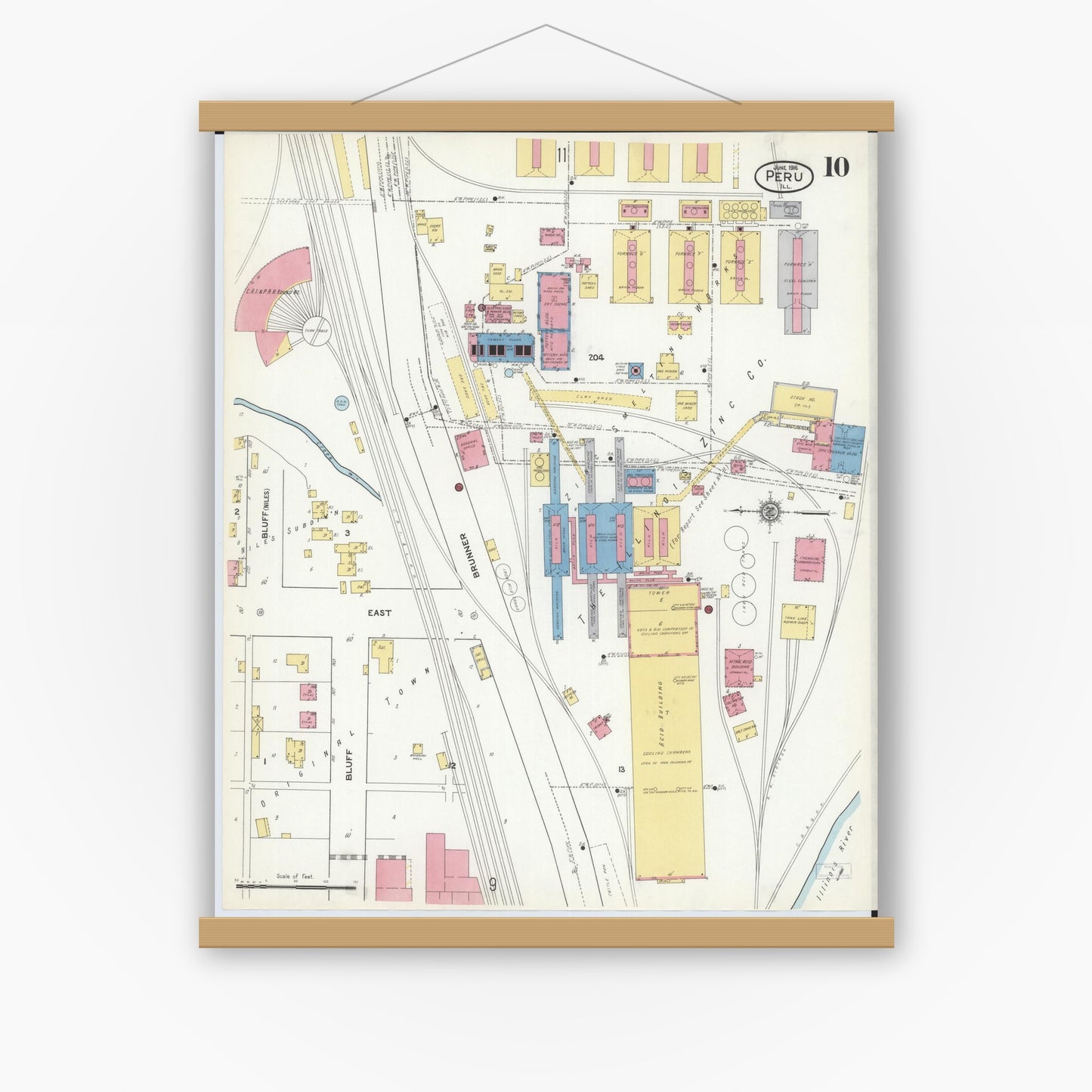 Old map wall art mockup — magnetic wood frame on white wall — Sanborn Fire Insurance Map from Peru, La Salle County, Illinois (1916), Sheet #0010