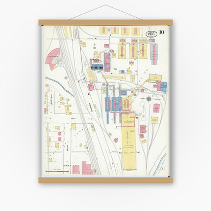 Old map wall art mockup — magnetic wood frame on white wall — Sanborn Fire Insurance Map from Peru, La Salle County, Illinois (1916), Sheet #0010