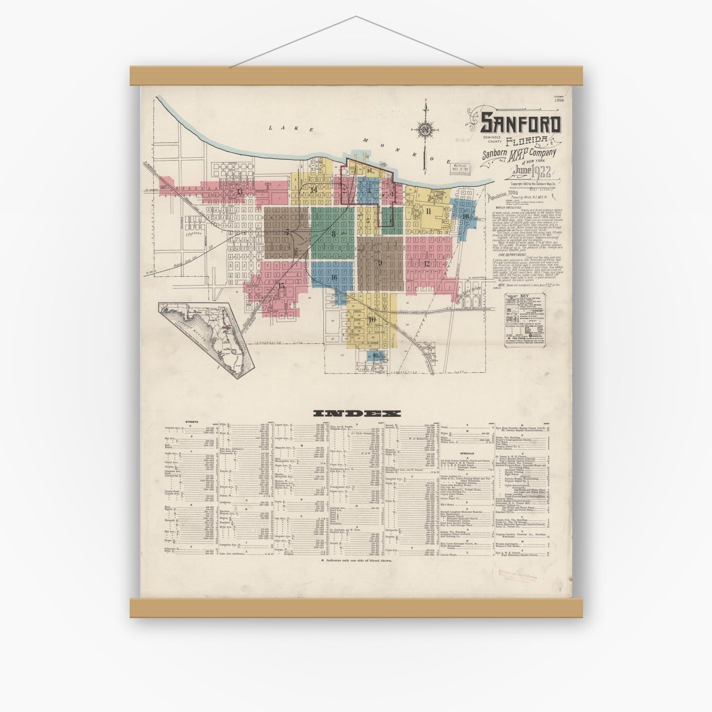 Old map wall art mockup — magnetic wood frame on white wall — Sanborn Fire Insurance Map from Sanford, Seminole County, Florida (1922) - Complete Map Set