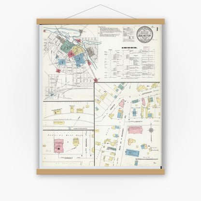 Old map wall art mockup — magnetic wood frame on white wall — Sanborn Fire Insurance Map from Burlington, Racine County, Wisconsin (1909), Sheet #0001