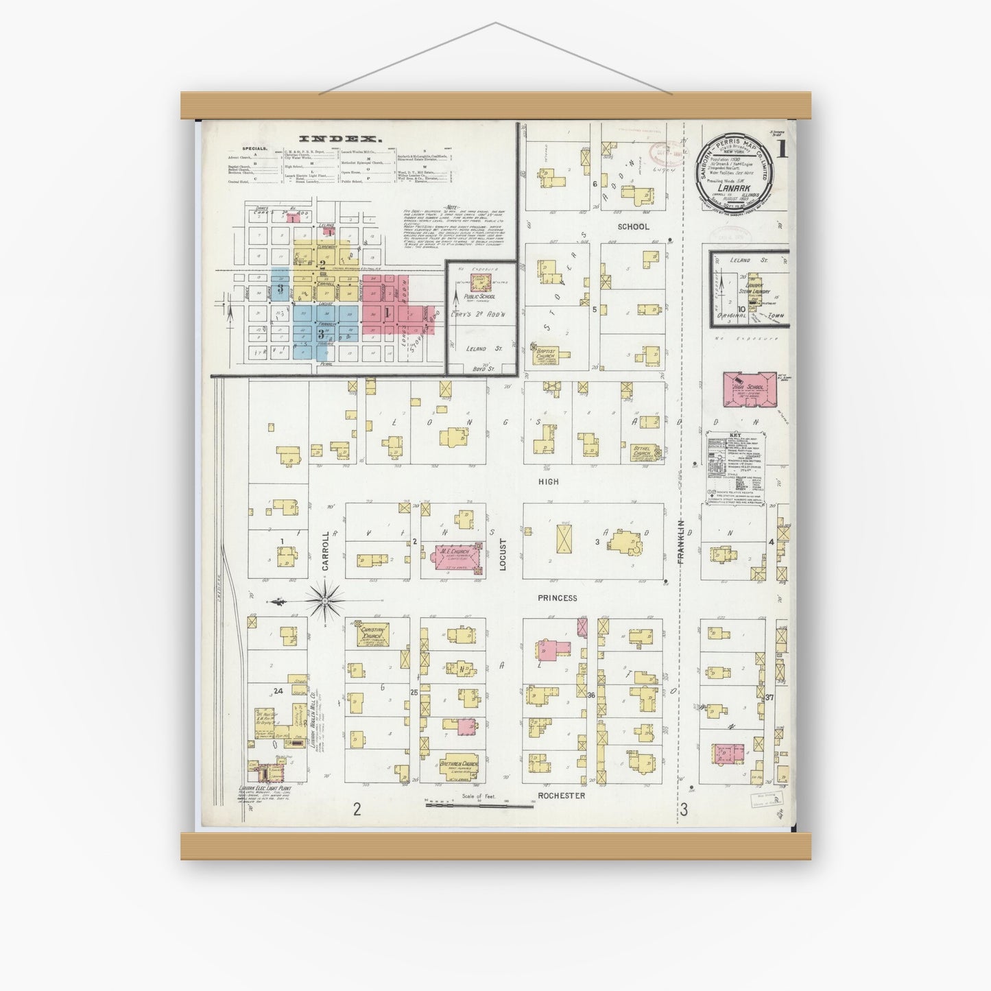 Old map wall art mockup — magnetic wood frame on white wall — Sanborn Fire Insurance Map from Lanark, Carroll County, Illinois (1899), Sheet #0001
