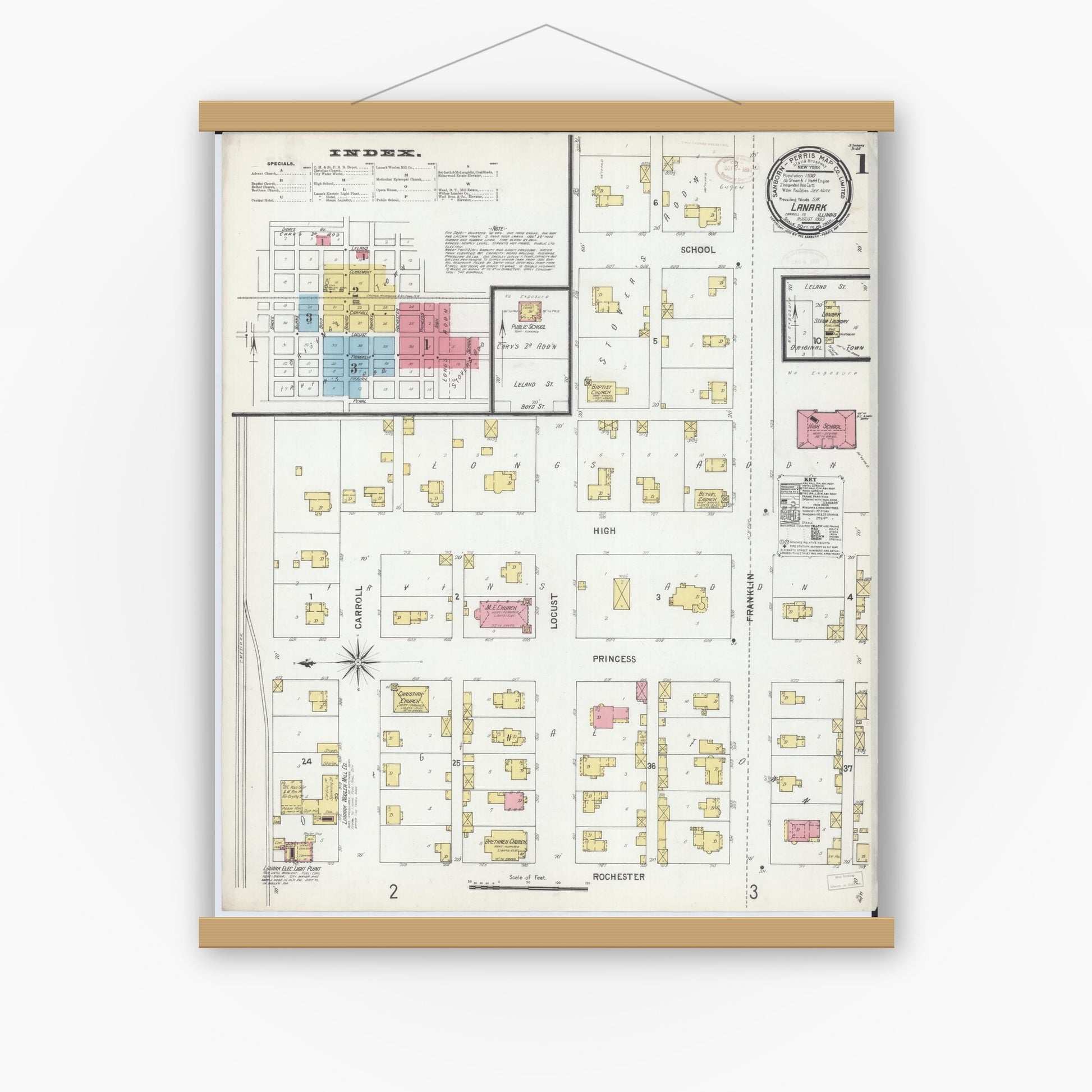 Old map wall art mockup — magnetic wood frame on white wall — Sanborn Fire Insurance Map from Lanark, Carroll County, Illinois (1899), Sheet #0001