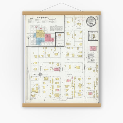 Old map wall art mockup — magnetic wood frame on white wall — Sanborn Fire Insurance Map from Lanark, Carroll County, Illinois (1899), Sheet #0001