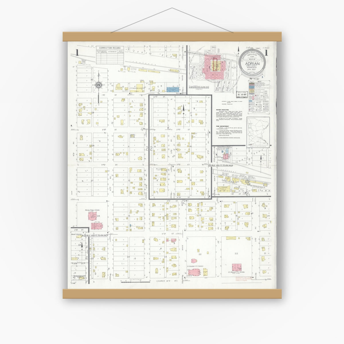 Old map wall art mockup — magnetic wood frame on white wall — Sanborn Fire Insurance Map from Adrian, Nobles County, Minnesota (1937), Sheet #0001