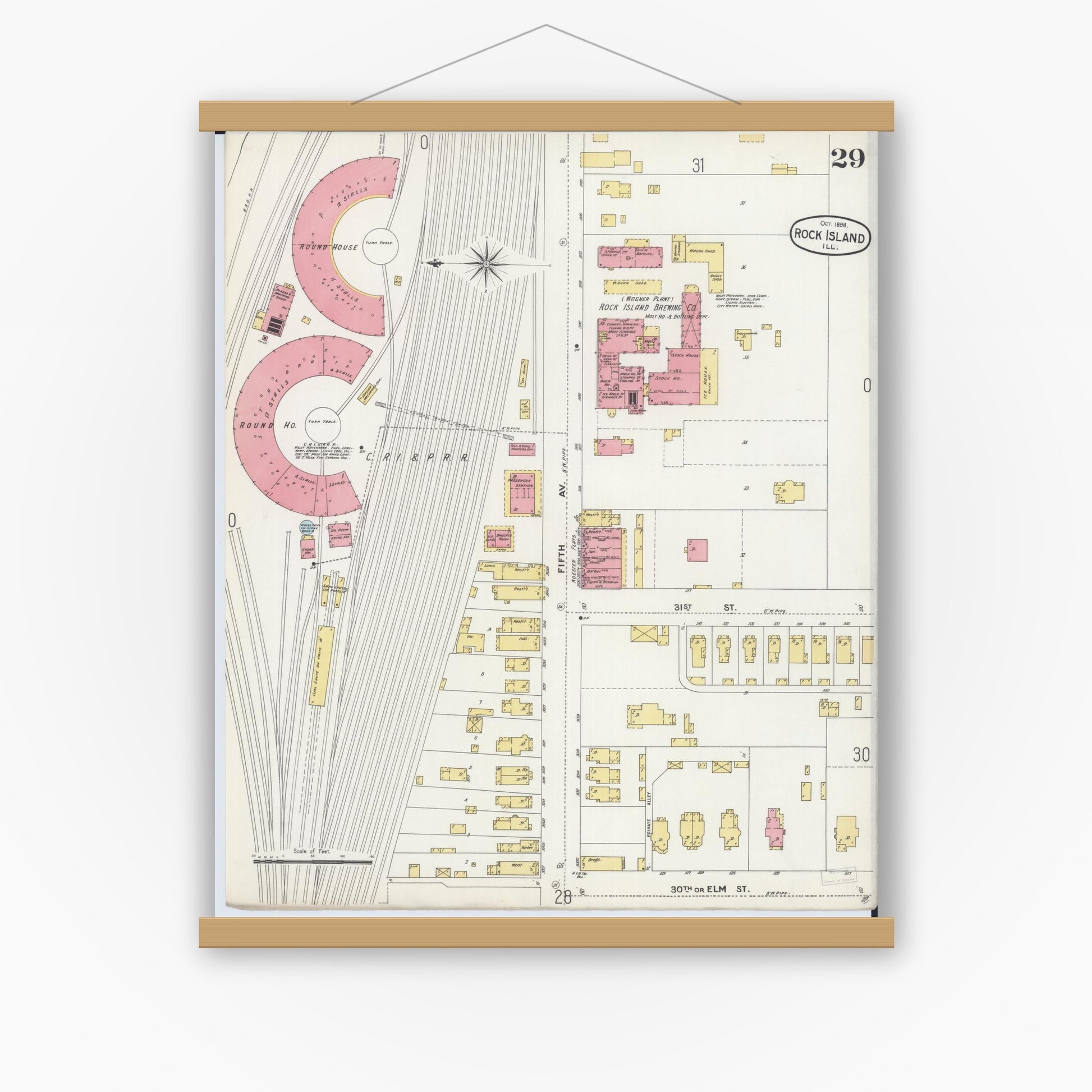 Old map wall art mockup — magnetic wood frame on white wall — Sanborn Fire Insurance Map from Rock Island, Rock Island County, Illinois (1898), Sheet #0029