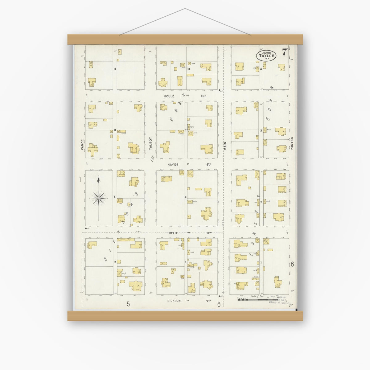 Old map wall art mockup — magnetic wood frame on white wall — Sanborn Fire Insurance Map from Taylor, Williamson County, Texas (1898), Sheet #0007