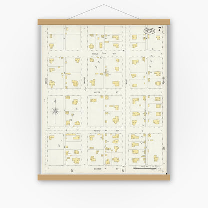 Old map wall art mockup — magnetic wood frame on white wall — Sanborn Fire Insurance Map from Taylor, Williamson County, Texas (1898), Sheet #0007