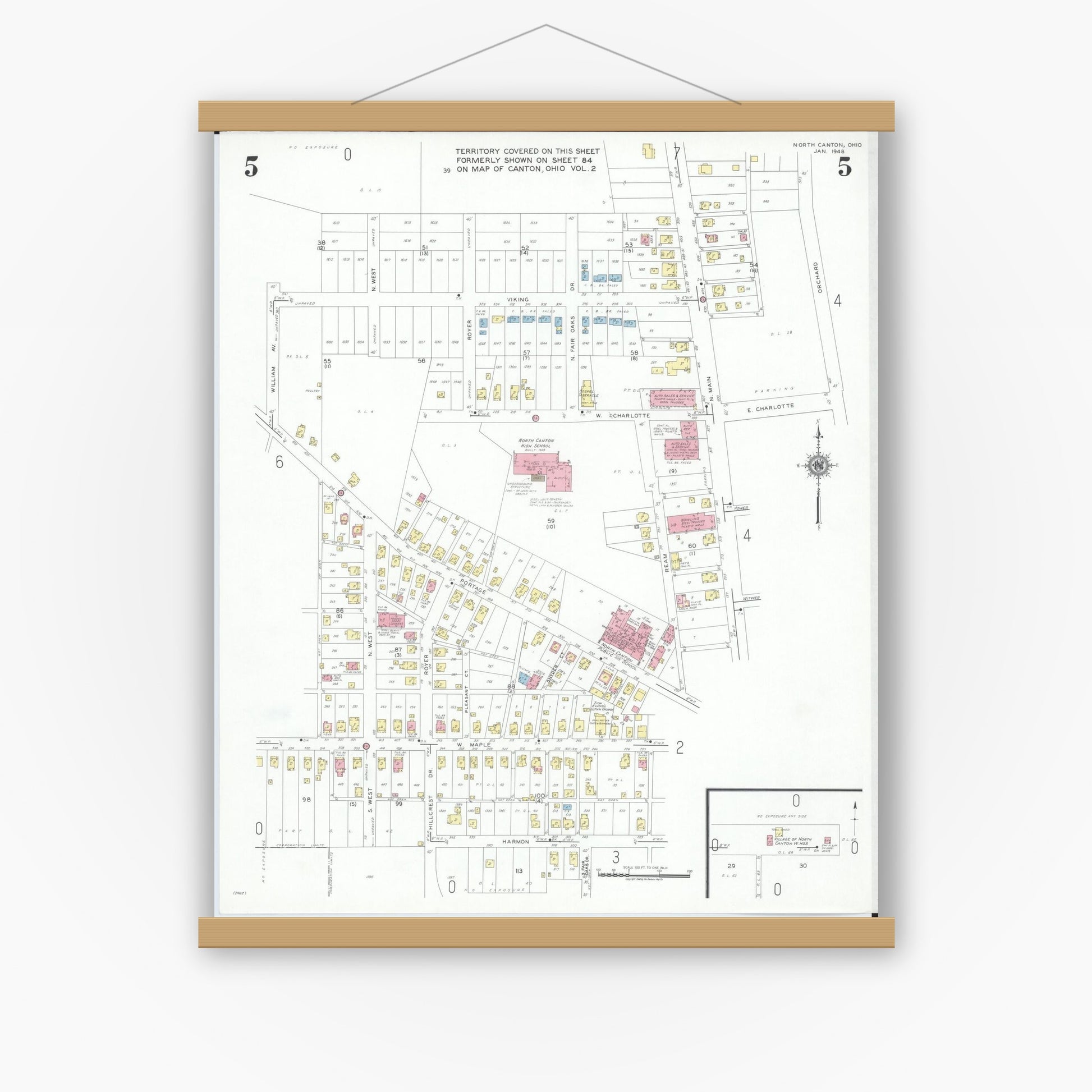 Old map wall art mockup — magnetic wood frame on white wall — Sanborn Fire Insurance Map from North Canton, Stark County, Ohio (1948), Sheet #0005
