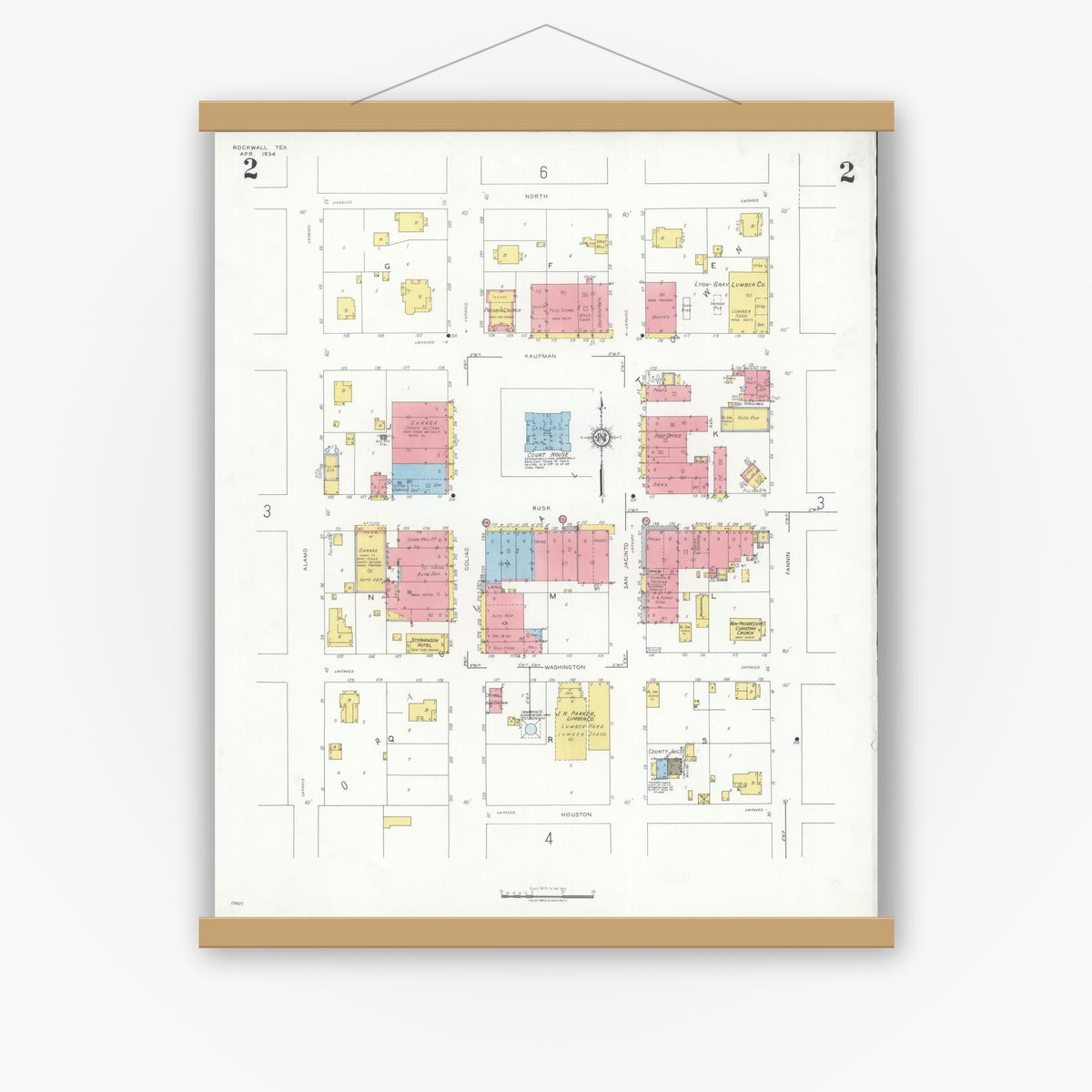Old map wall art mockup — magnetic wood frame on white wall — Sanborn Fire Insurance Map from Rockwall, Rockwall County, Texas (1934), Sheet #0002