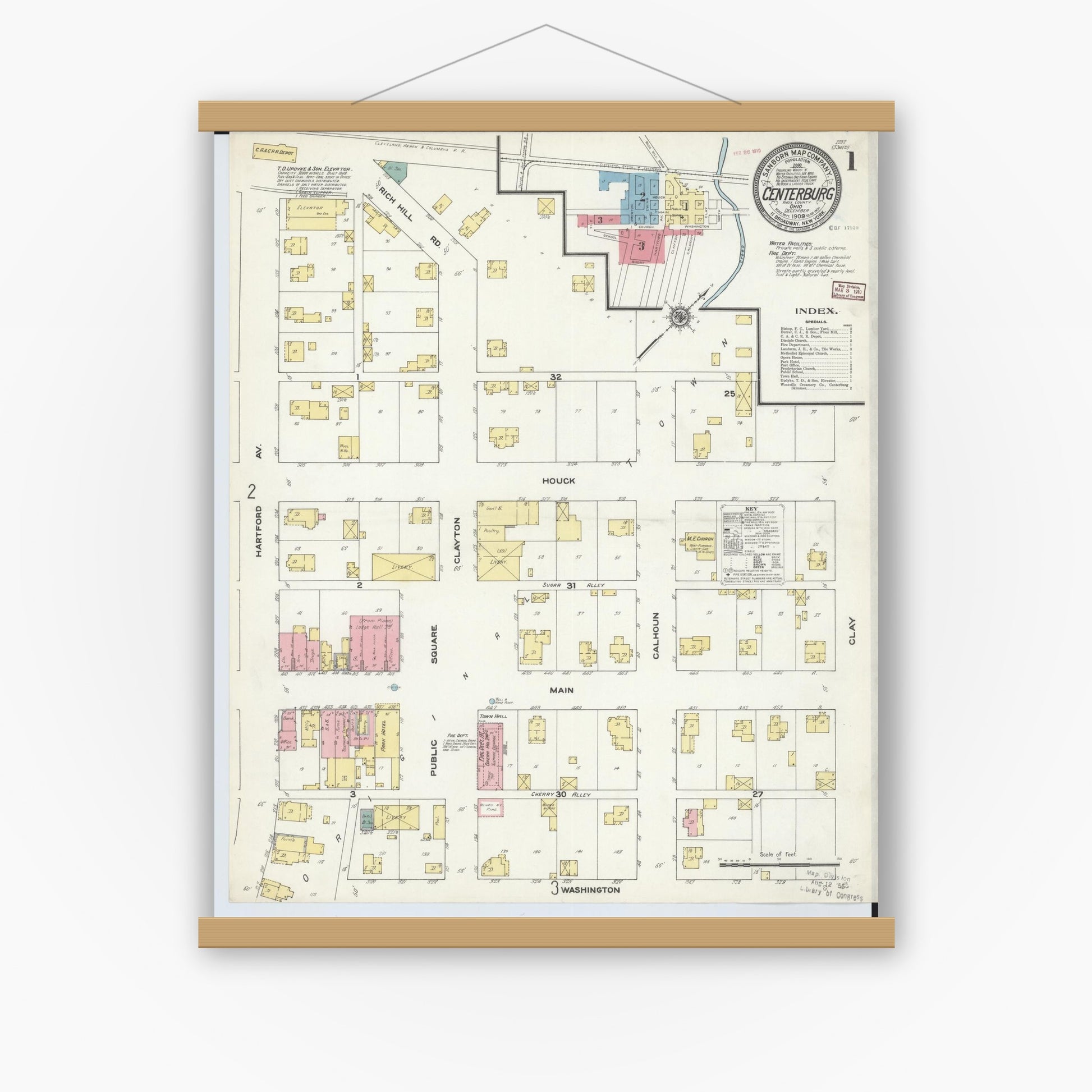 Old map wall art mockup — magnetic wood frame on white wall — Sanborn Fire Insurance Map from Centerburg, Knox County, Ohio (1909) - Complete Map Set