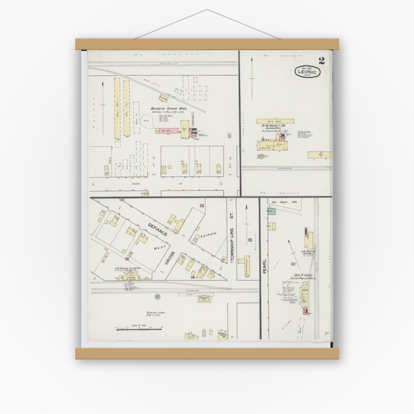 Old map wall art mockup — magnetic wood frame on white wall — Sanborn Fire Insurance Map from Leipsic, Putnam County, Ohio (1889), Sheet #0002