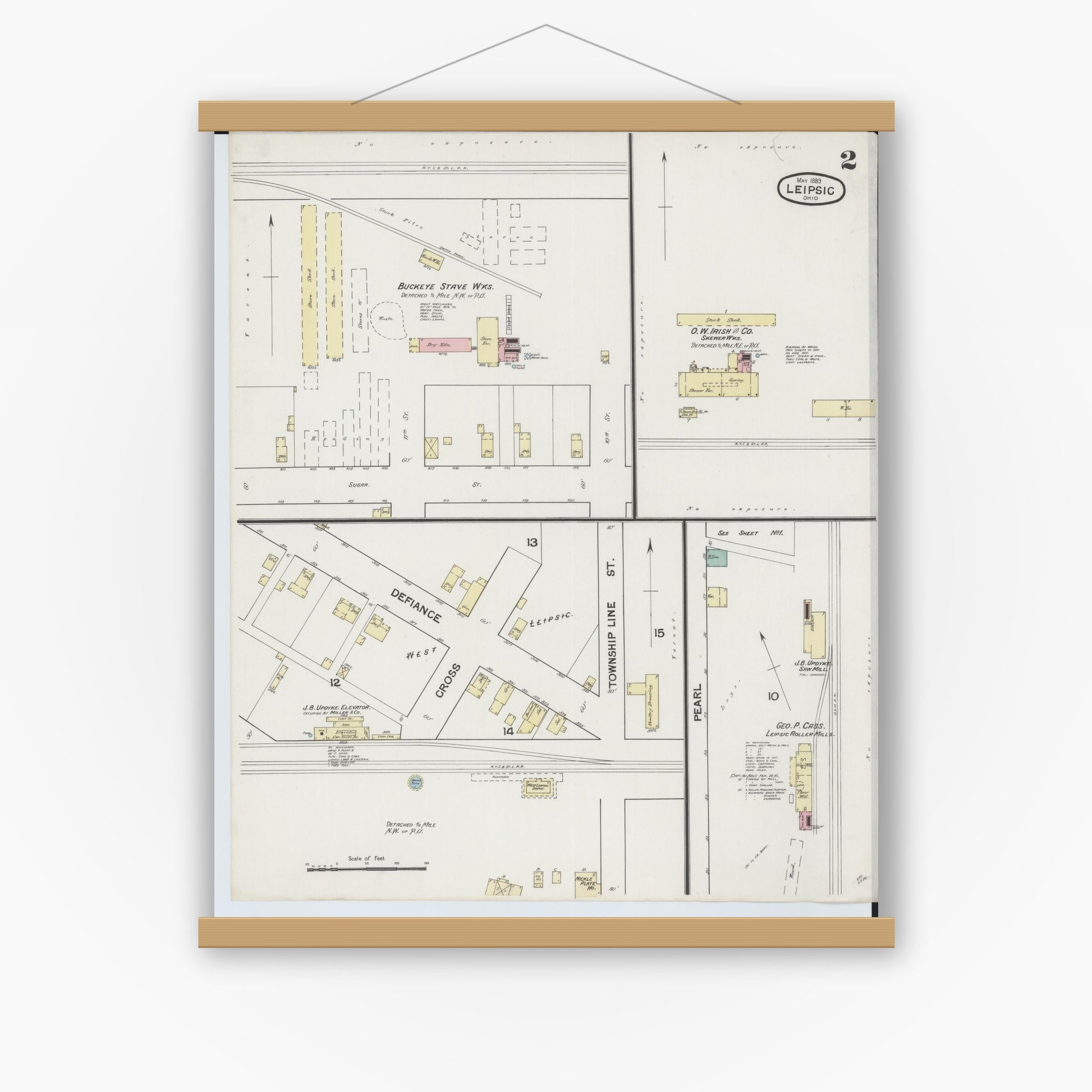 Old map wall art mockup — magnetic wood frame on white wall — Sanborn Fire Insurance Map from Leipsic, Putnam County, Ohio (1889), Sheet #0002