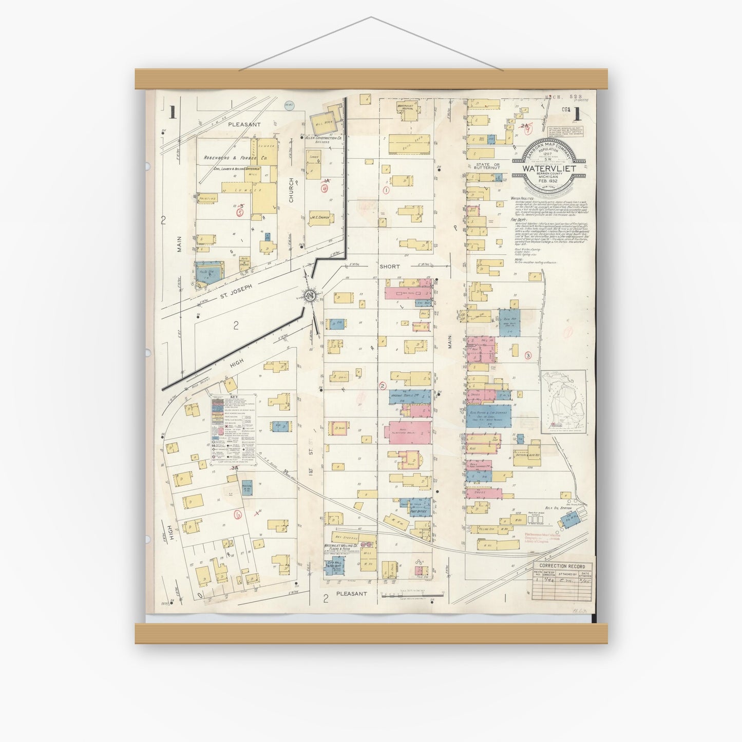 Old map wall art mockup — magnetic wood frame on white wall — Sanborn Fire Insurance Map from Watervliet, Berrien County, Michigan (1942), Sheet #0001