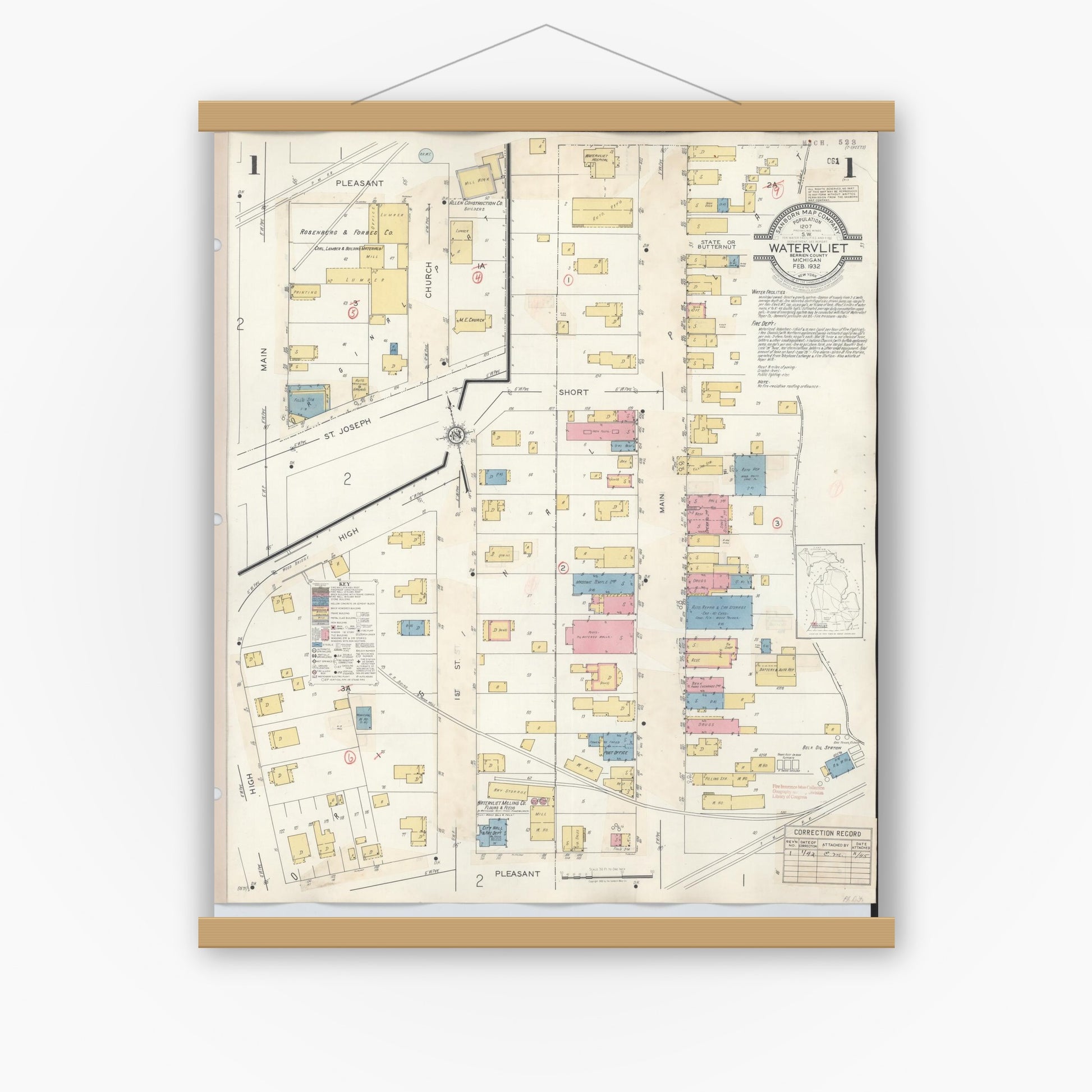 Old map wall art mockup — magnetic wood frame on white wall — Sanborn Fire Insurance Map from Watervliet, Berrien County, Michigan (1942), Sheet #0001
