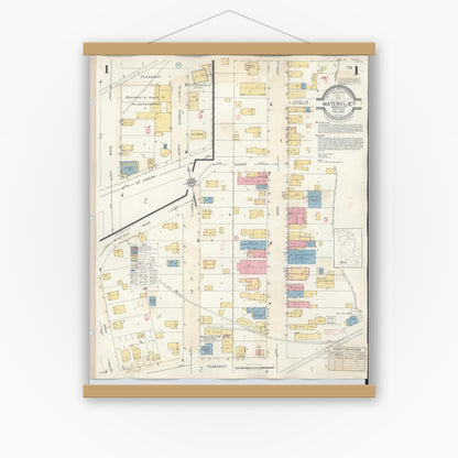 Old map wall art mockup — magnetic wood frame on white wall — Sanborn Fire Insurance Map from Watervliet, Berrien County, Michigan (1942), Sheet #0001