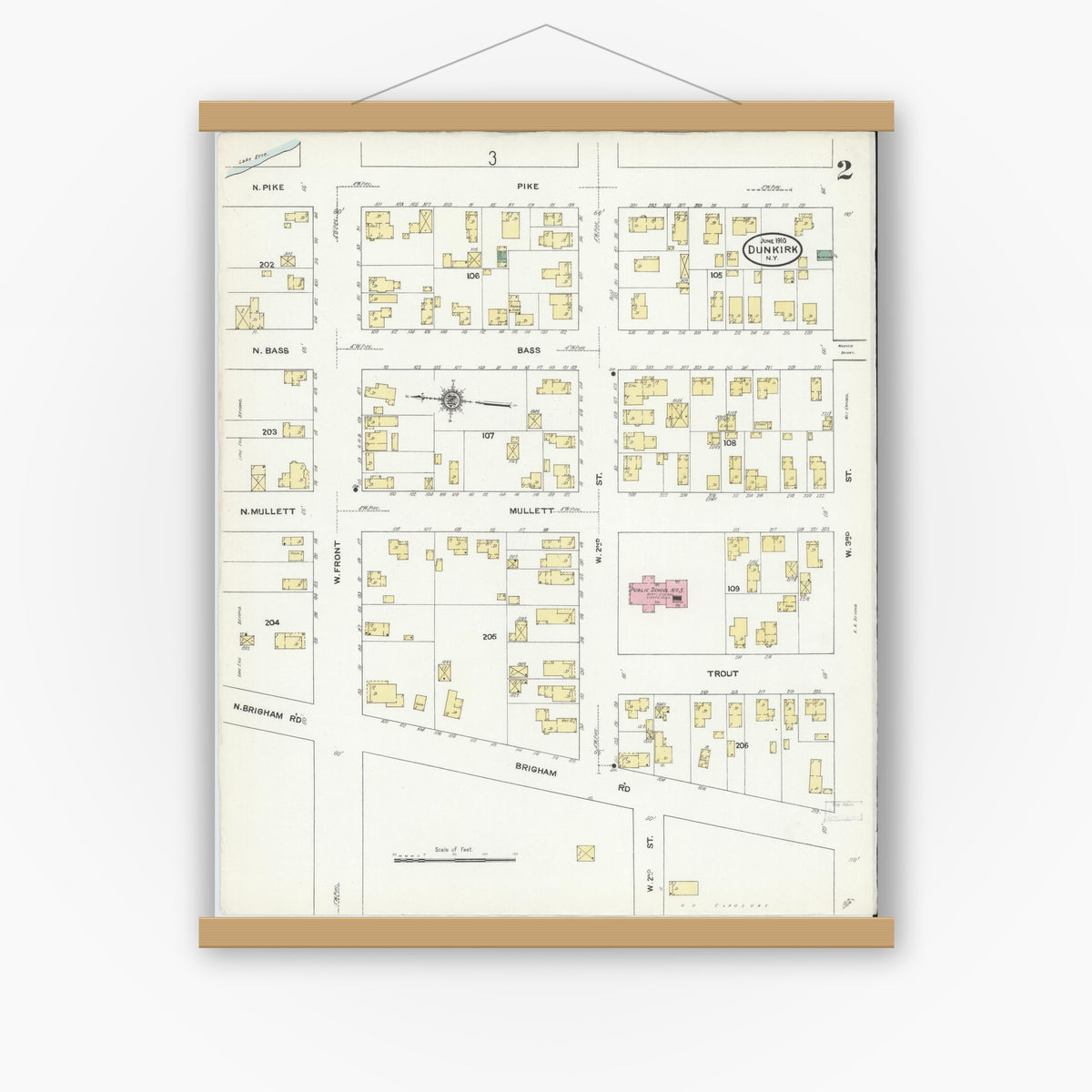 Old map wall art mockup — magnetic wood frame on white wall — Sanborn Fire Insurance Map from Dunkirk, Chautauqua County, New York (1910) - Complete Map Set