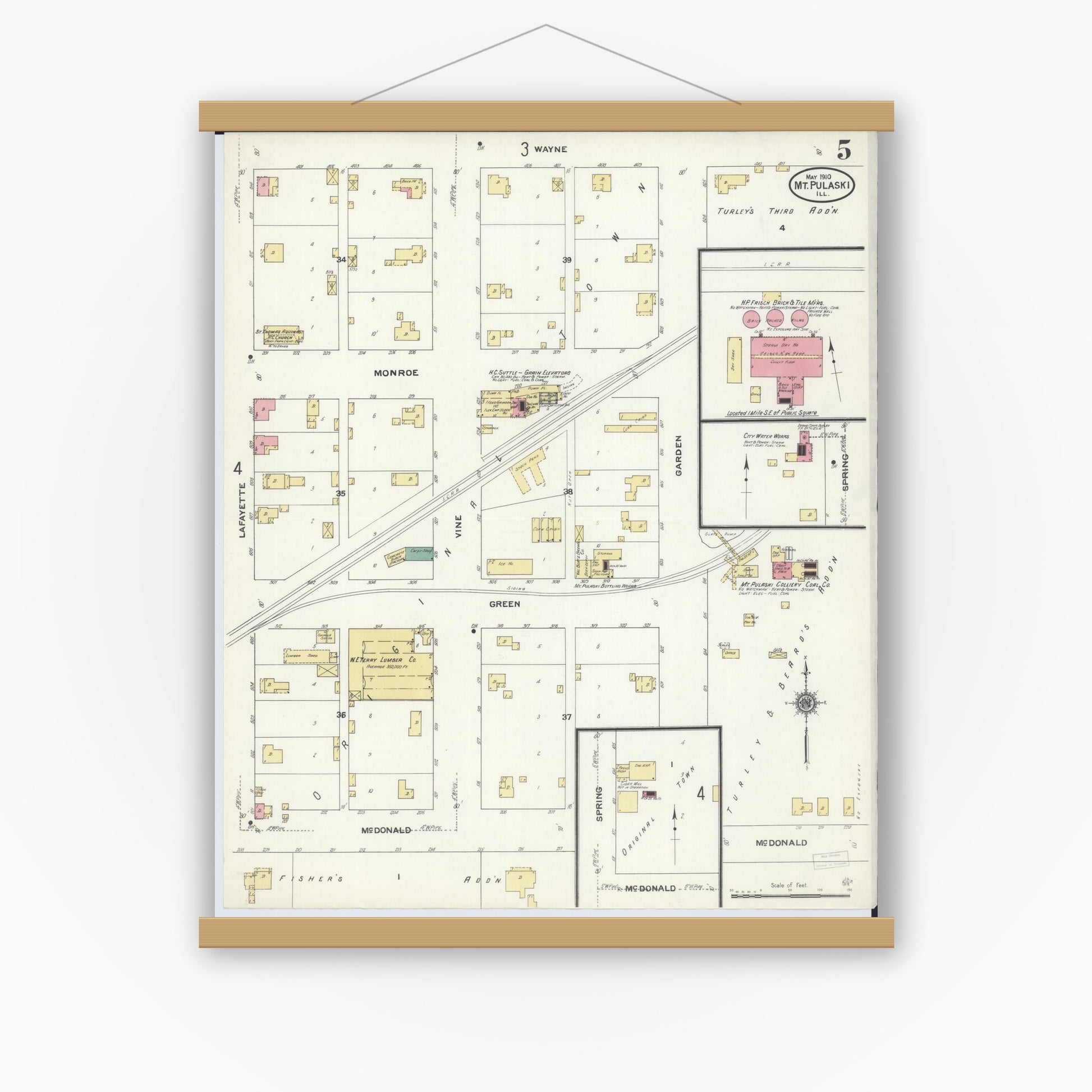 Old map wall art mockup — magnetic wood frame on white wall — Sanborn Fire Insurance Map from Mount Pulaski, Logan County, Illinois (1910), Sheet #0005