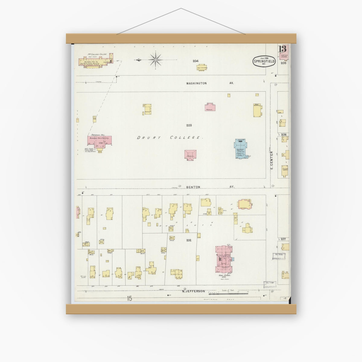 Old map wall art mockup — magnetic wood frame on white wall — Sanborn Fire Insurance Map from Springfield, Greene County, Missouri (1896), Sheet #0013