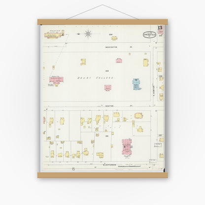 Old map wall art mockup — magnetic wood frame on white wall — Sanborn Fire Insurance Map from Springfield, Greene County, Missouri (1896), Sheet #0013