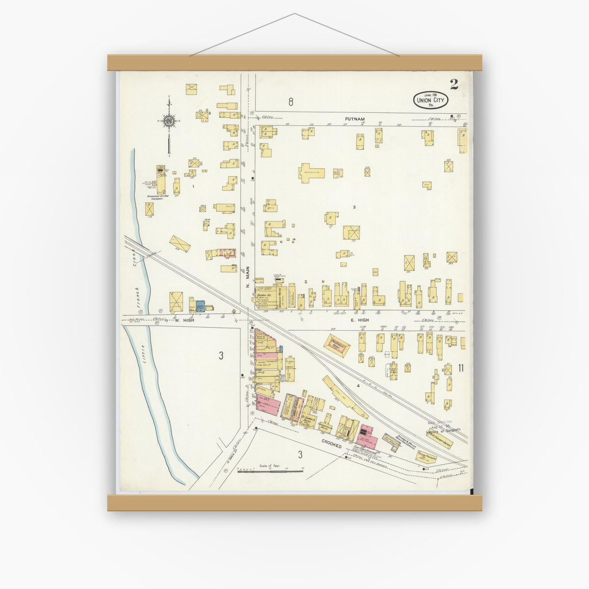 Old map wall art mockup — magnetic wood frame on white wall — Sanborn Fire Insurance Map from Union City, Erie County, Pennsylvania (1911), Sheet #0002