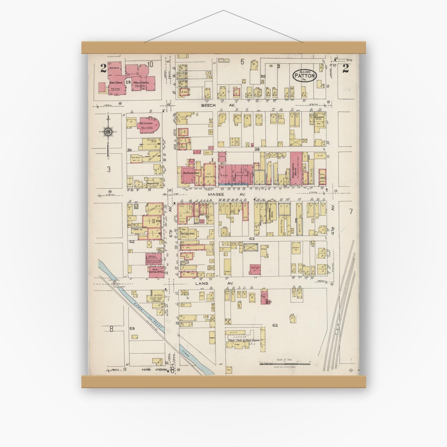 Old map wall art mockup — magnetic wood frame on white wall — Sanborn Fire Insurance Map from Patton, Cambria County, Pennsylvania (1923), Sheet #0002